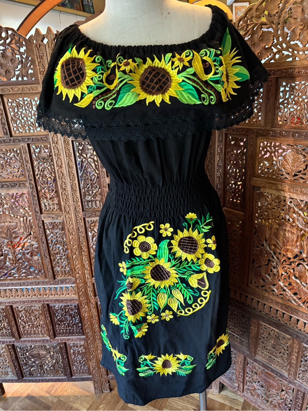 Embroidered Black Off-Shoulder Sunflower Midi Dress